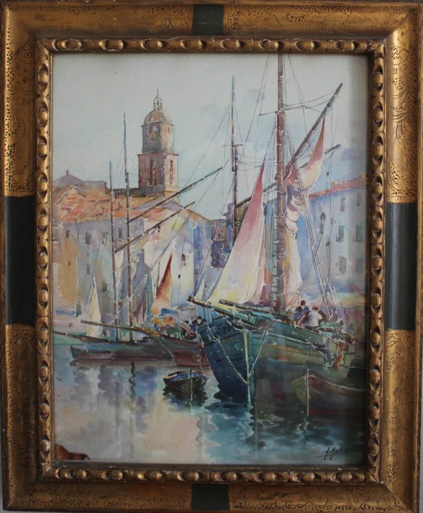 Taxatie van de waarde van een schilderij van Adolphe Mathis dat de haven van Saint-Tropez in 1937 voorstelt, zonder lijst 64cm x 50, met lijst 80cm x 65. Taxatie van de waarde van een schilderij van Adolphe Mathis dat de haven van Saint-Tropez in 1937 voorstelt, zonder lijst 64cm x 50, met lijst 80cm x 65.