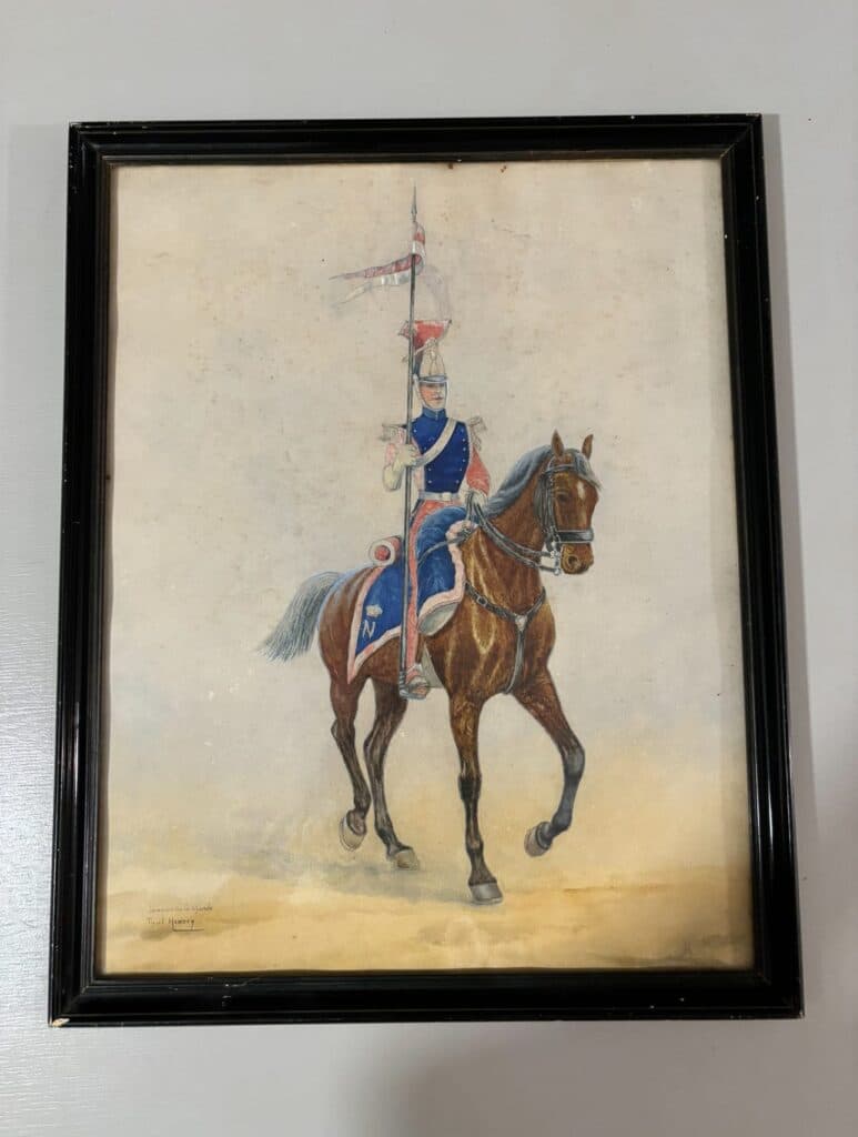 Taxatie van het originele kunstwerk “Aquarelle” door Paul Hemdey, weergave van een lansier van de garde