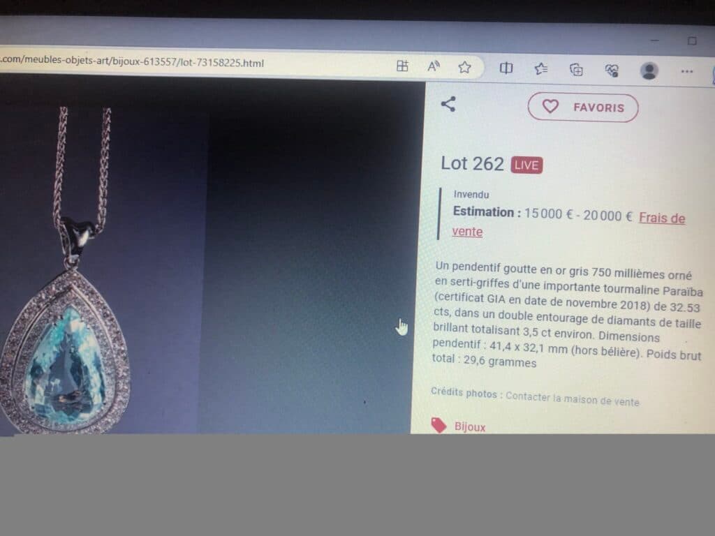 Taxatie van een Grijze Gouden Hanger met Paraiba Toermalijn en Diamanten, Verzoek 434201 Taxatie van een Grijze Gouden Hanger met Paraiba Toermalijn en Diamanten, Verzoek 434201