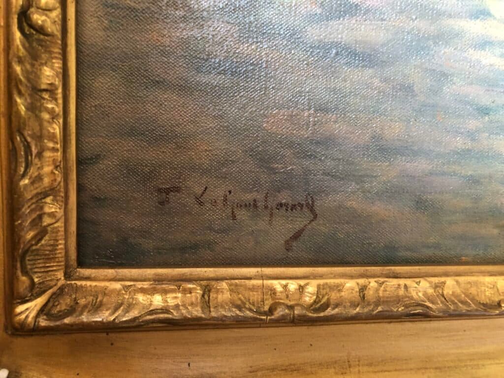 Taxatie van de waarde van een schilderij gemaakt door Fernand Legout-Gerard, ingelijst in een verguld gipsen lijst, gerestaureerd tien jaar geleden Taxatie van de waarde van een schilderij gemaakt door Fernand Legout-Gerard, ingelijst in een verguld gipsen lijst, gerestaureerd tien jaar geleden