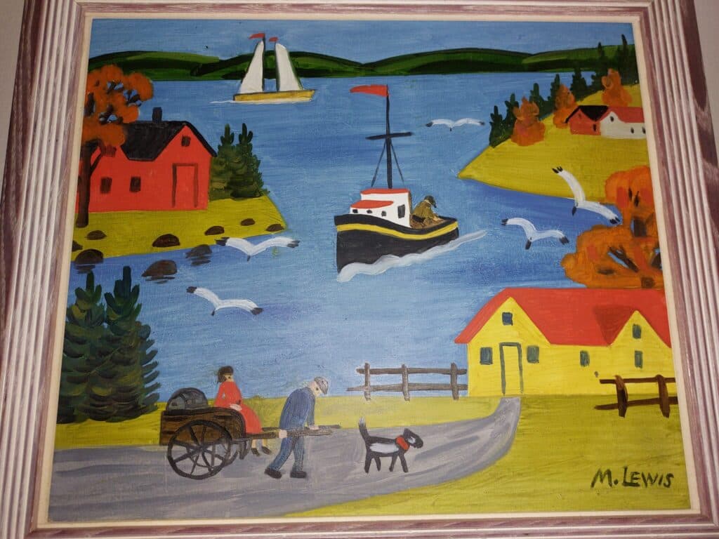 Taxatie van de waarde van een gekleurde maritieme schilderij van de kunstenaar Maud Lewis met afmetingen van 35 cm bij 29,5 cm Taxatie van de waarde van een gekleurde maritieme schilderij van de kunstenaar Maud Lewis met afmetingen van 35 cm bij 29,5 cm