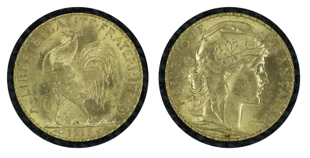 “Taxatie van drie Franse gouden munten uit 1913, 1914 en 1858 met sporen van slijtage” “Taxatie van drie Franse gouden munten uit 1913, 1914 en 1858 met sporen van slijtage”