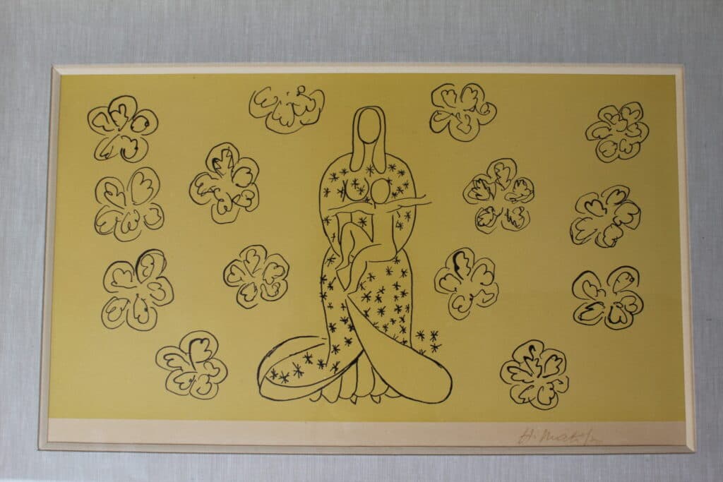 Taxatie van een zwart druk van de illustere Henri Matisse, die de Maagd met het Kind afbeeldt, met handtekening van de auteur rechtsonder.