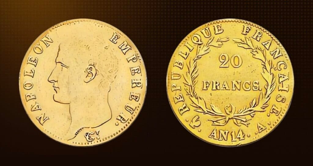 Taxatie van vier historische Franse stukken van 20 francs, waaronder Napoleon en de Franse Republiek. Taxatie van vier historische Franse stukken van 20 francs, waaronder Napoleon en de Franse Republiek.