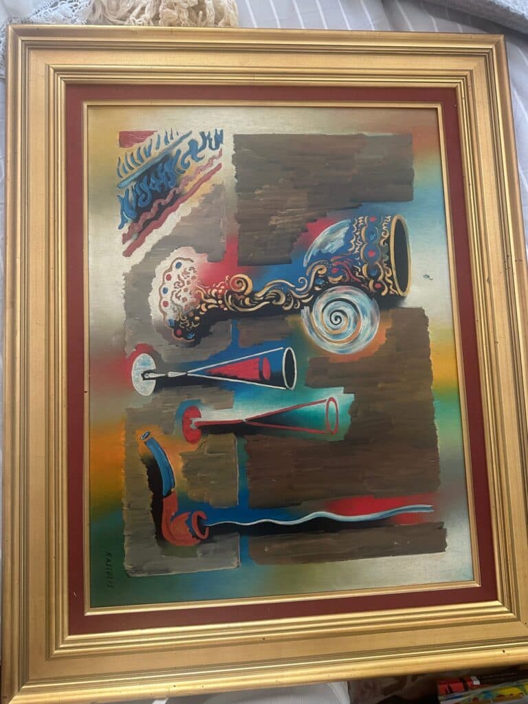 Taxatie van een kunstwerk: Schilderij van Vytautas Kasiulis met afmetingen van 62×77 cm, inclusief lijst