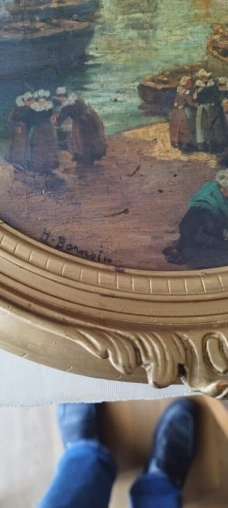 Taxatie van een Oude Circulaire Schilderij Ondertekend H. Bonnafin met Havenlandschap en Personages in Traditionele Kleding